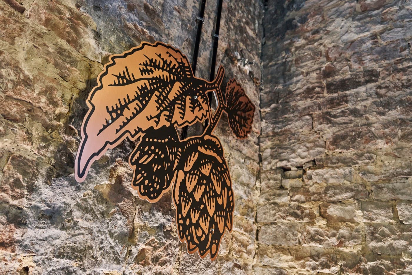 Hopfen-Kunstwerk auf historischem Mauerwerk